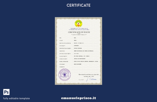 modello PSD del certificato di morte dei documenti di stato civile del Madagasca